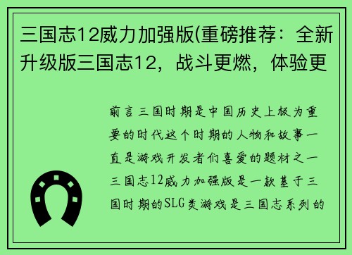 三国志12威力加强版(重磅推荐：全新升级版三国志12，战斗更燃，体验更卓越！)